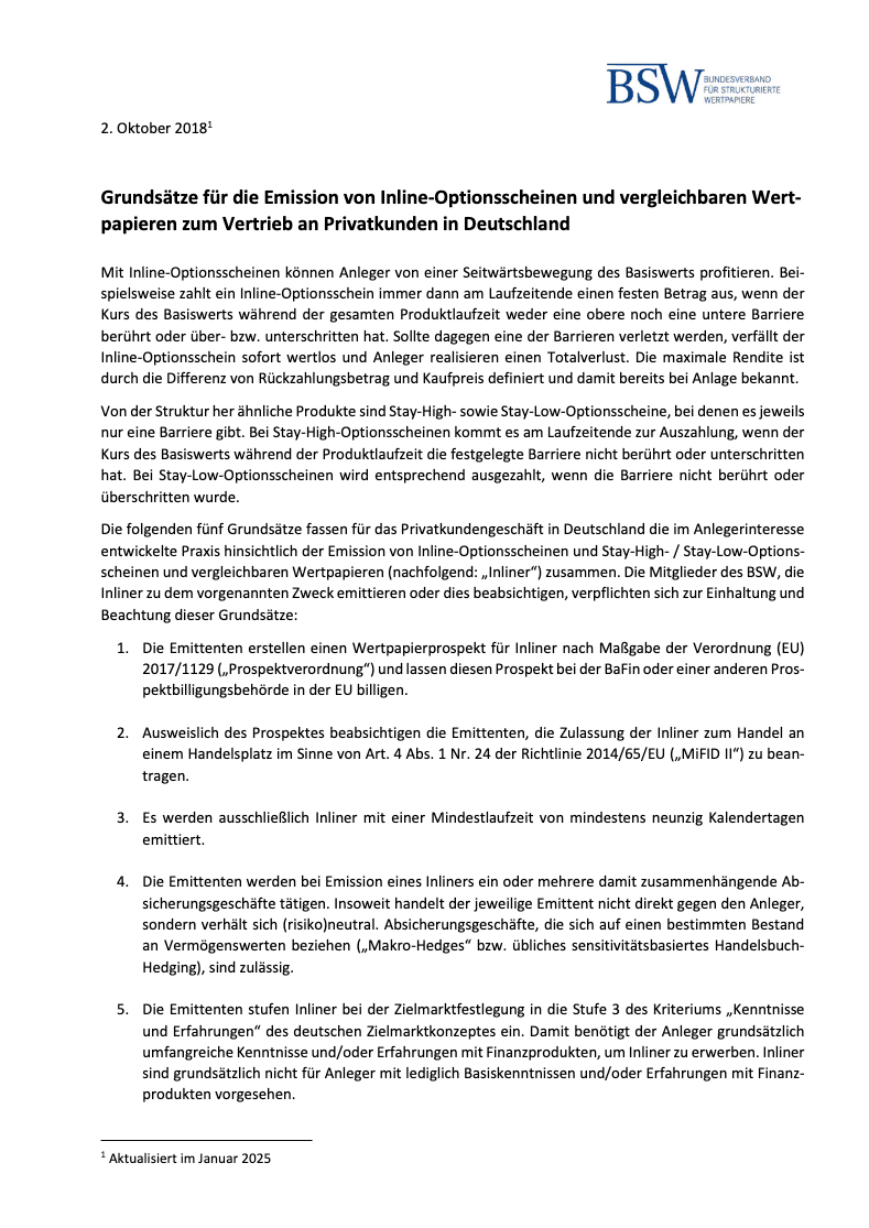 Grundsätze Inline-Optionsscheine und vergleichbare Wertpapiere